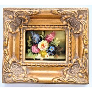 Vintage Miniature Art Print Horizontal Moody Floral Chunky Gold Frame Hanger